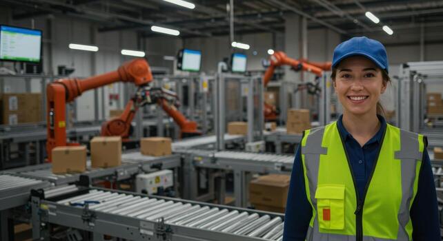 Smiling female worker in safety vest at automated logistics center with robotic arms photo