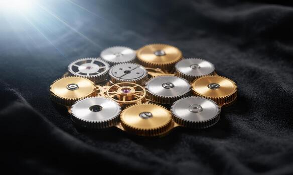 Intricate arrangement of gold and silver watch gears and cogs mechanism photo