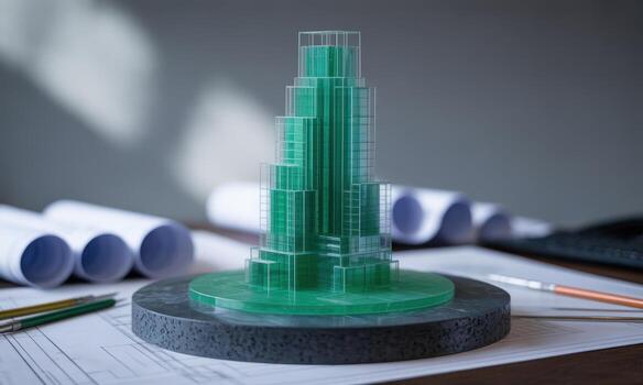 Detailed green translucent skyscraper model for architectural design and planning photo