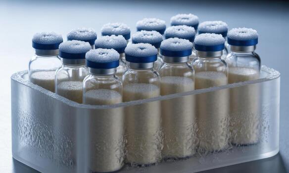 Close up of multiple clear glass vials containing a white powdery substance, stored in a frosty medical container photo