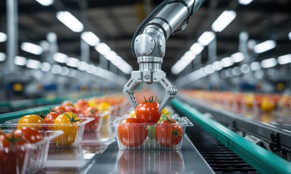 Robotic arm precisely packaging fresh tomatoes on an automated conveyor belt in a modern food factory photo