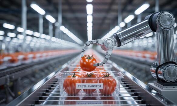 Robotic arm precisely packaging fresh tomatoes on a high speed conveyor belt in an automated food factory photo