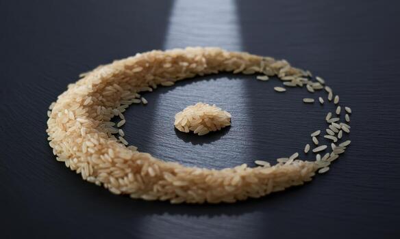 Uncooked rice grains arranged in a circular pattern with a small pile in the center on a dark surface photo