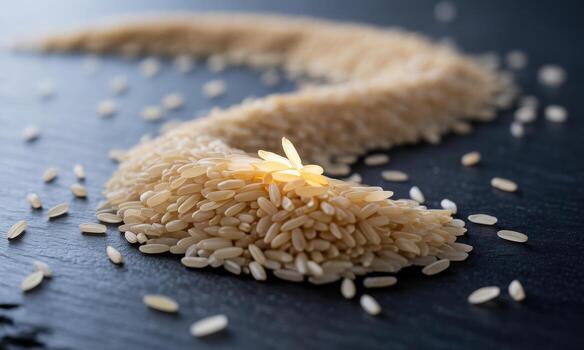 cerca arriba de sin cocer arroz granos arreglado en un elegante fluido modelo en un oscuro superficie foto