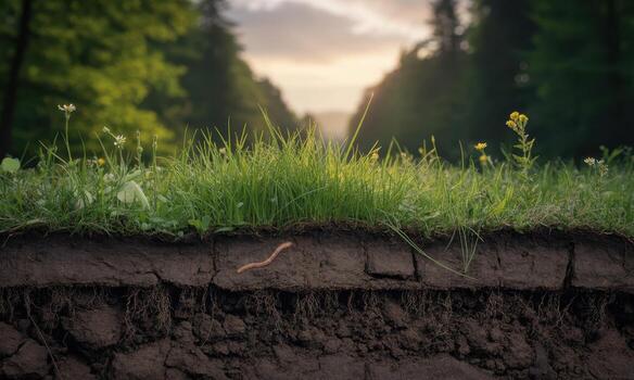 Cross section of healthy soil with lush green grass, visible roots, and an earthworm in natural environment photo