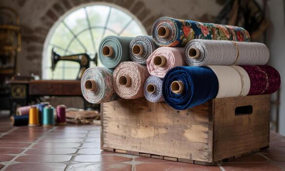 Vibrant fabric rolls stacked on rustic crate in a cozy textile craft workshop interior photo