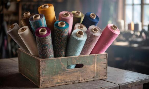 Vibrant assortment of patterned and solid fabric rolls displayed in a rustic wooden crate photo