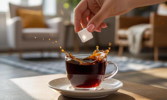 Woman hand dropping a sparkling sugar cube into a steaming cup of black coffee, creating a splash photo