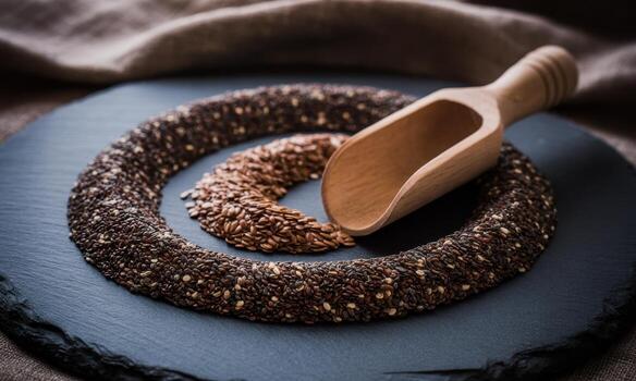 Artistic arrangement of chia and flax seeds in spiral pattern with wooden scoop on slate photo