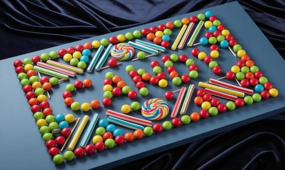 Vibrant colorful candies arranged in a playful geometric pattern spelling candy photo