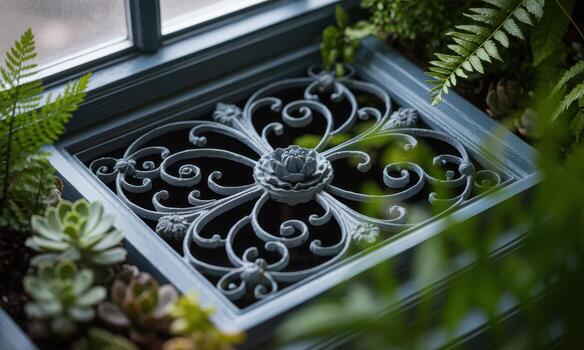 Ornate dark grey metal window grate with intricate floral and swirling patterns photo