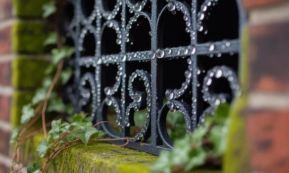 Close up of weathered black metal window grate with intricate swirls and sparkling dew drops photo