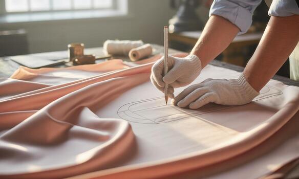 Skilled tailor gloved hands meticulously drawing a pattern on delicate silk fabric photo