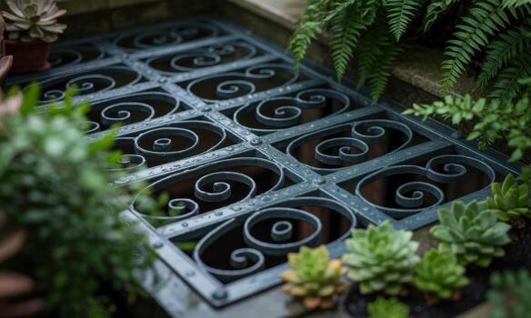 Dark grey metal window grate with intricate swirling decorative patterns and green plants photo
