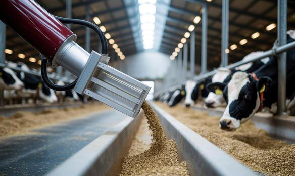 Sleek red automated robotic arm dispensing feed to dairy cows in a modern farm photo