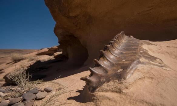 Ancient fossilized spine embedded in desert rock formation under blue sky photo
