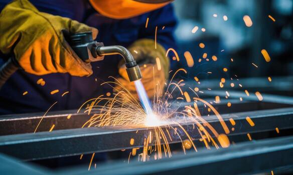 Close up of a welder gloved hands guiding a torch with intense sparks flying photo