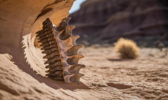 antiguo fosilizado espina incrustado en Desierto rock formación con natural luz de sol foto