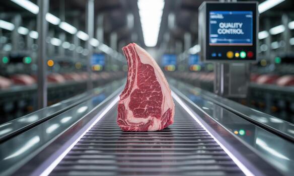 Premium raw beef steak moving on futuristic conveyor belt in automated quality control factory photo