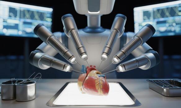Advanced robotic surgical system performing procedure on human heart model photo