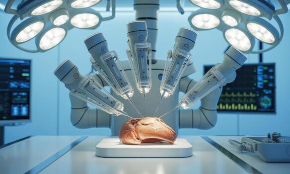 Advanced robotic surgical system performing a delicate procedure on a human brain model photo