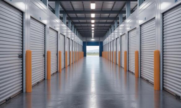 Long empty corridor in modern self storage facility with rows of metal roll up doors photo