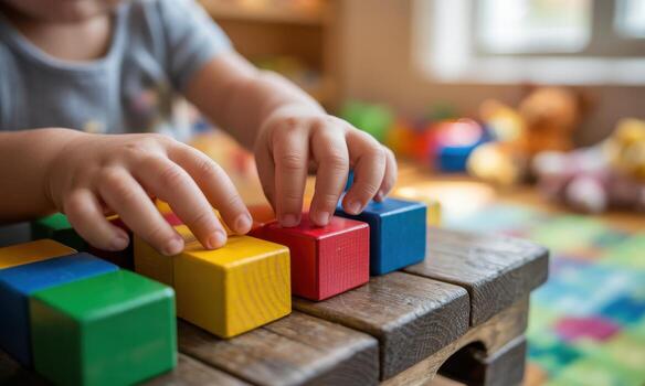 Child hands carefully manipulating brightly colored wooden building blocks on a table photo
