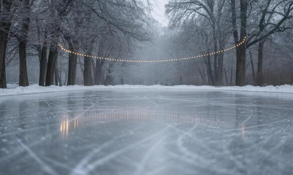 Empty outdoor ice skating rink in a winter park with string lights reflecting on the ice surface photo
