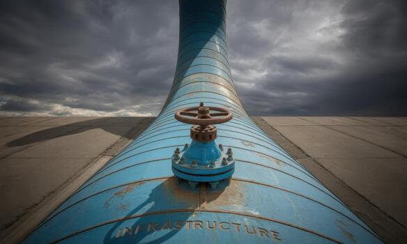 Huge blue industrial pipeline with control valve and infrastructure text under ominous sky photo