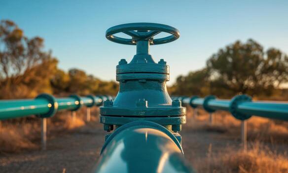 Large teal industrial valve on a pipeline system extending through a dry landscape photo