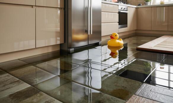 Kitchen flooded with water and a rubber duck floating on the tiled floor photo