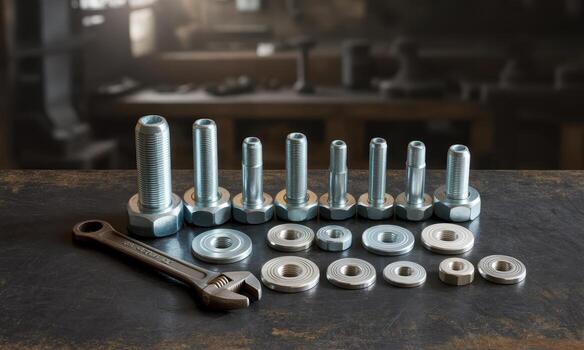 Bolts, nuts, washers and adjustable wrench arranged on a metal surface photo