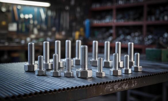 Shiny silver industrial bolts of various sizes neatly arranged on a metal surface in a workshop photo
