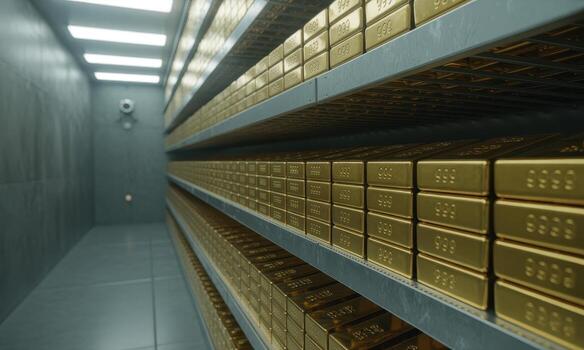 Stacks of shiny gold bars on shelves inside a secure bank vault with a security camera photo