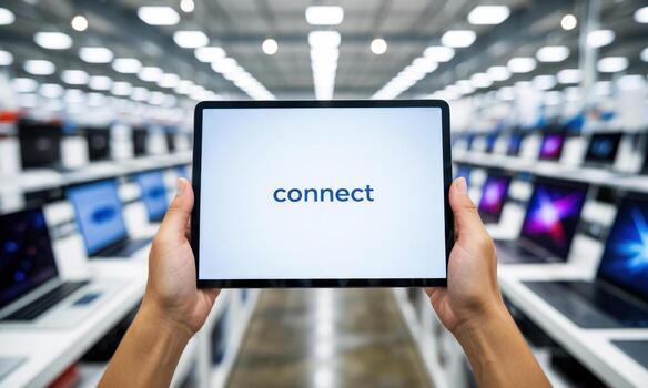 Hands holding digital tablet displaying connect in a modern electronics store photo