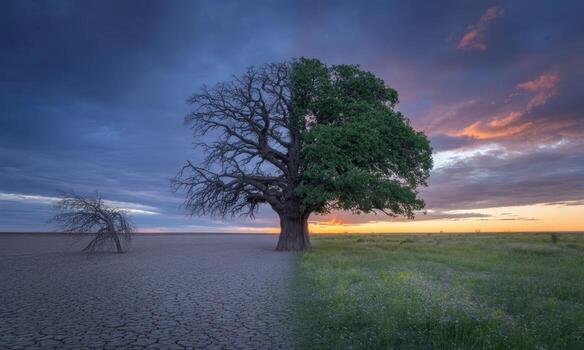 Stark contrast of a split landscape depicting drought and lush green growth with a divided tree photo