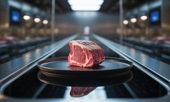 Hyper realistic macro shot of a glistening prime red meat cut on an elegant black plate photo