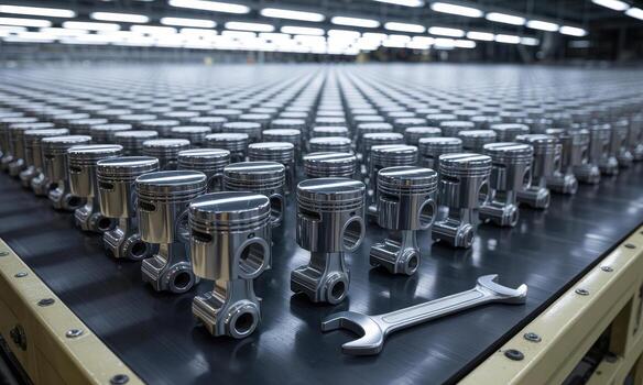Hundreds of gleaming automotive pistons on a factory production line with a wrench photo