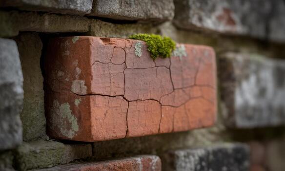 Close up of a heavily weathered red brick with moss and cracks in an old wall photo