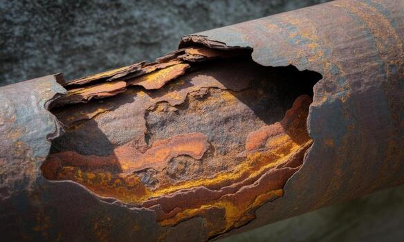Severely corroded old metal pipe with extreme rust, flaking layers, and intricate textures photo