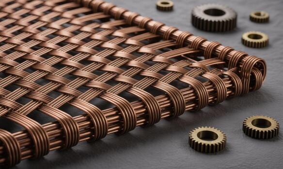 Intricate woven copper wire pattern with industrial gears on a dark textured surface photo