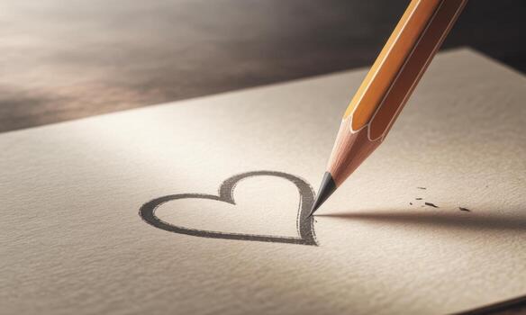 Macro shot of a wooden pencil drawing a simple heart outline on textured cream paper photo
