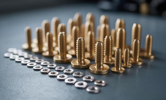Meticulously arranged gleaming brass screws and tiny silver washers on a dark surface photo