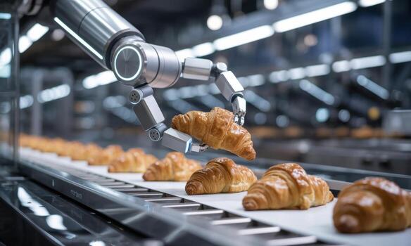 High tech robotic arm precisely picking up a fresh croissant from a conveyor belt in an automated bakery photo
