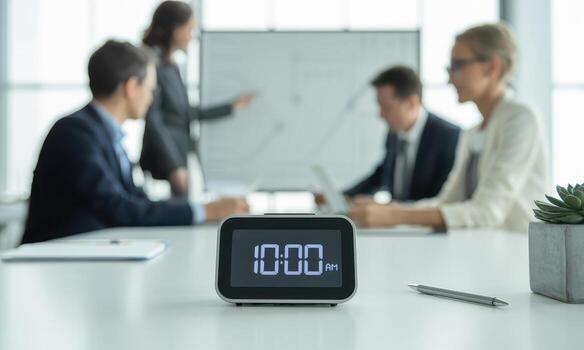 digital alarma reloj mostrando 10 a.m en un conferencia mesa durante un borroso negocio reunión foto