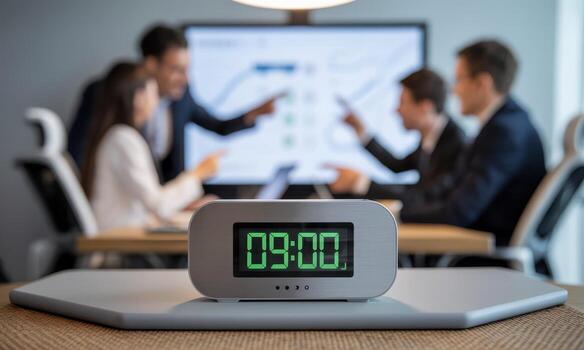 High tech digital clock displaying 09 on desk during professional business meeting photo