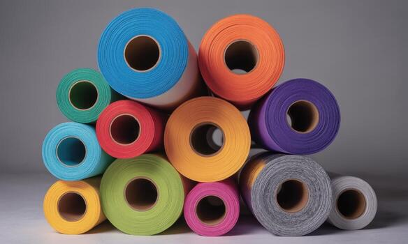 Stack of colorful rolls of thick textured paper, vibrant and tightly packed photo