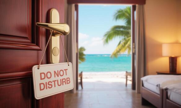 Do not disturb sign on a hotel room door with a tropical beach view in the background photo