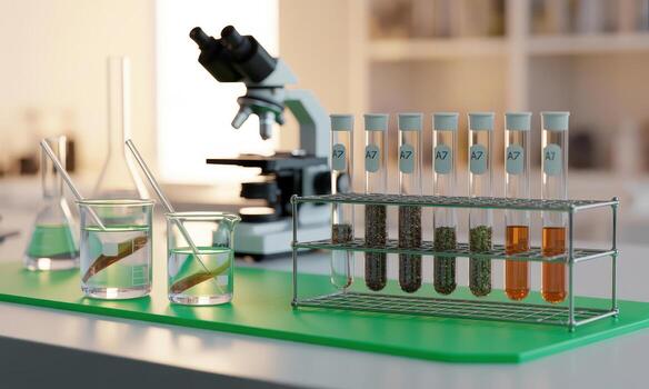 Modern science laboratory setup with plant samples in test tubes and beakers photo