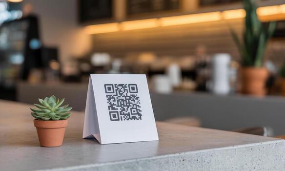 Digital QR code stand on a grey concrete counter in a blurred cafe environment photo